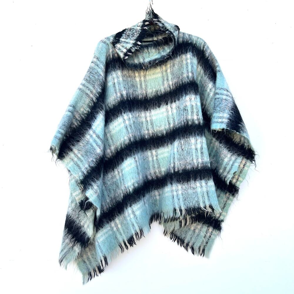 Falabella Chilean Mohair Knit Oversized Poncho Sweater Teal Black Turtleneck